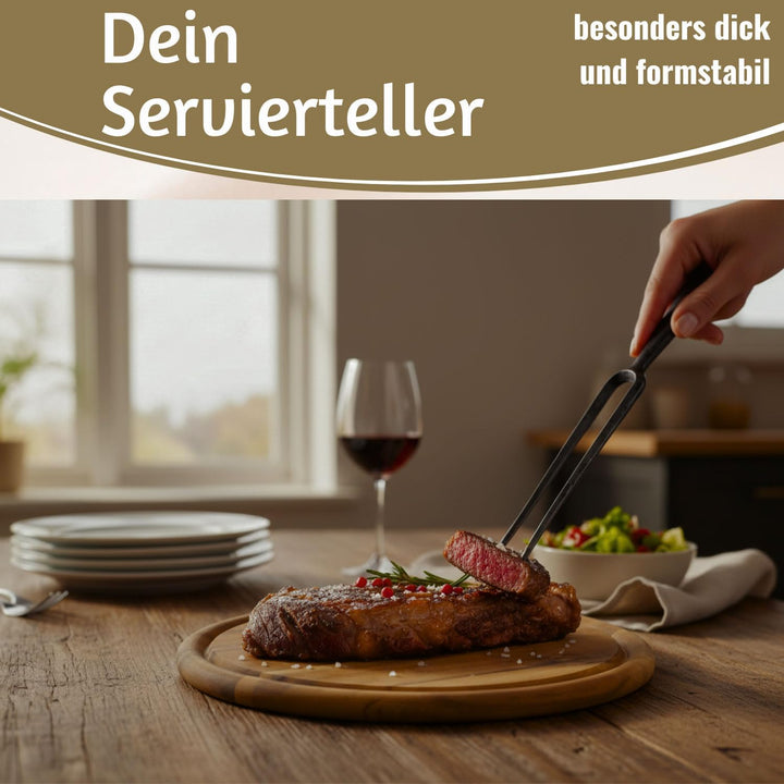 LS-LebenStil 6x Holz Fleischteller 25cm Rund FSC Akazie - Set - 6 Stück - Schneidebrett mit Saftrill