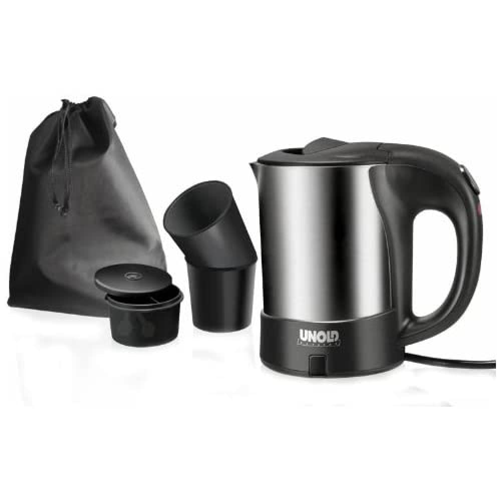 UNOLD 18575 Reise-Blitzkocher Edelstahl, 0.5 L Volumen, Edelstahl/Schwarz, 1.000 Watt, inkl. 2 Tasse