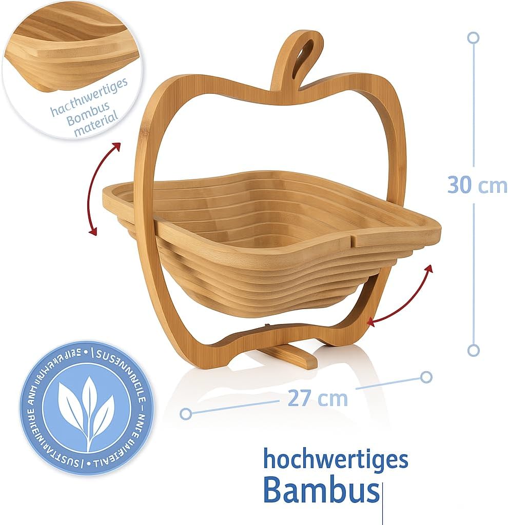 hausleben Obstkorb aus Bambus 3-in-1 Faltkorb – Obstschale, Gemüseschale & Topfuntersetzer – Klappba