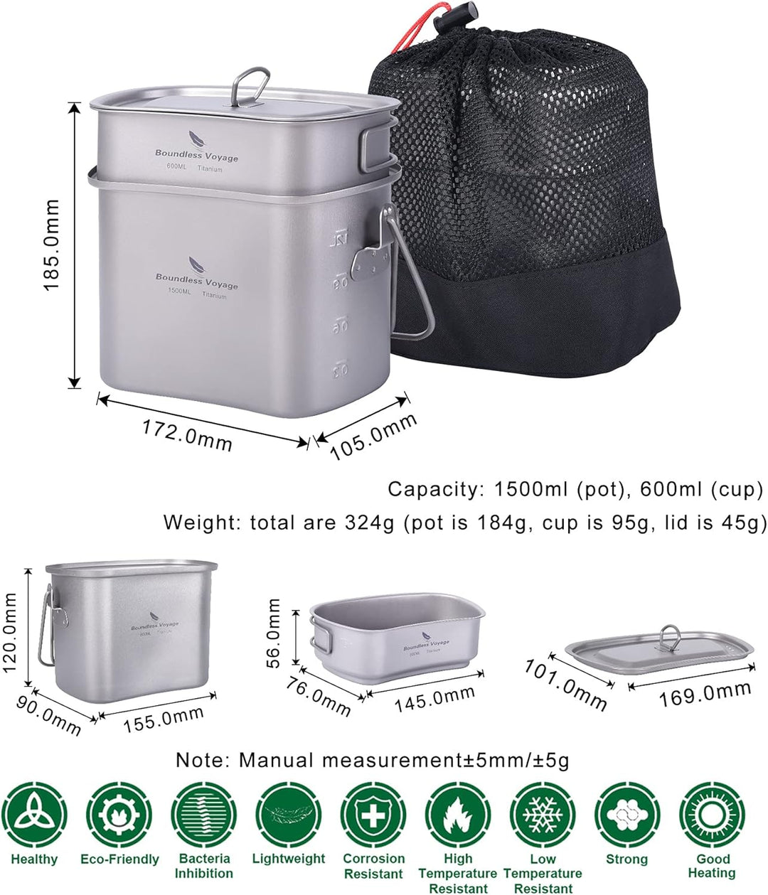 iBasingo Titan Kantine Becher Set 1500ml 600ml Outdoor Camping Kochgeschirr Tragbares Ultraleicht Ko