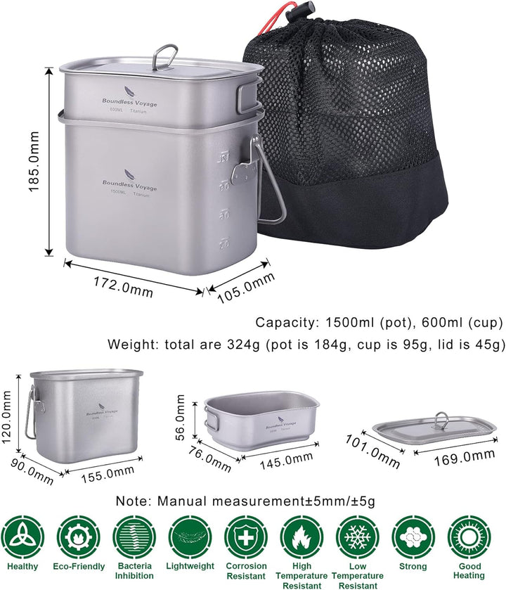iBasingo Titan Kantine Becher Set 1500ml 600ml Outdoor Camping Kochgeschirr Tragbares Ultraleicht Ko