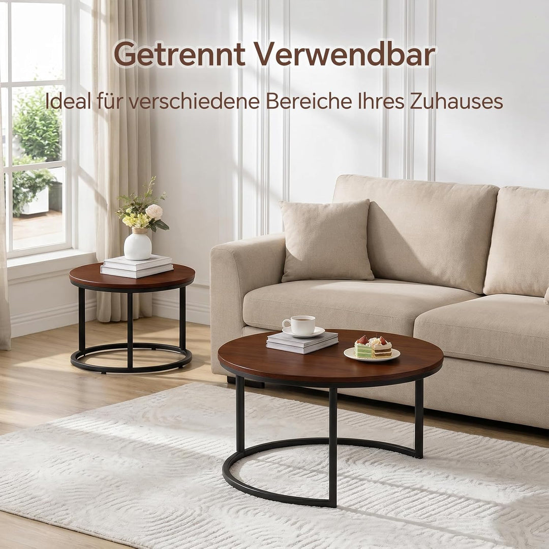 Couchtisch 2er Set, Moderne Couch Tisch mit Schwarz Metallgestell, Couchtisch Eiche, Couchtische Run