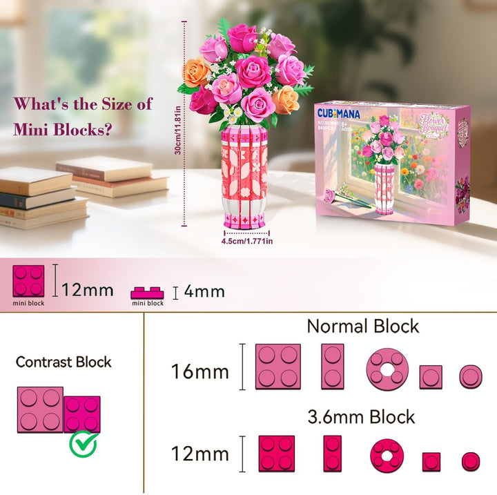 Romantischer Rosa Rosenstrauss-Bausatz mit Vase und LED-Licht, 845 PCS Blumen-Baustein-Spielzeug, Ge