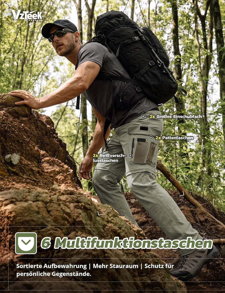 Vzteek Herren Wanderhose Zip Off Trekkinghose Outdoorhose Sommer Softshell Stretch Hose Kurz für Wan