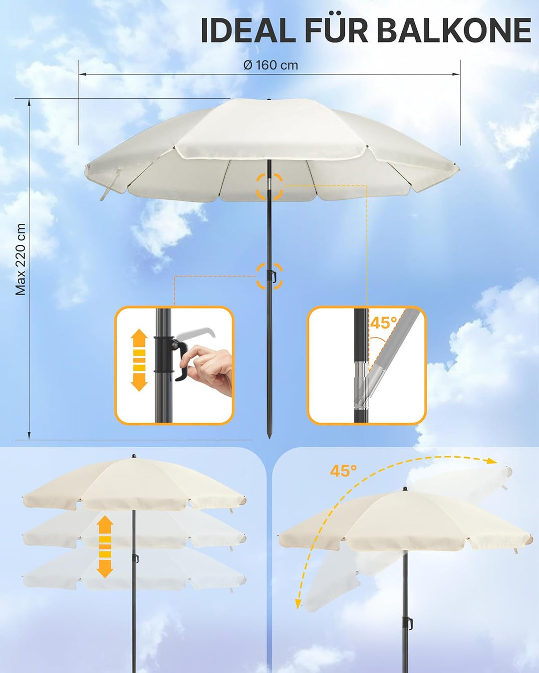 4smile Sonnenschirm Balkon Ø 160 cm SunnyJoy, Beige - UPF 50+ Strandschirm, sicherer Sonnenschirm St