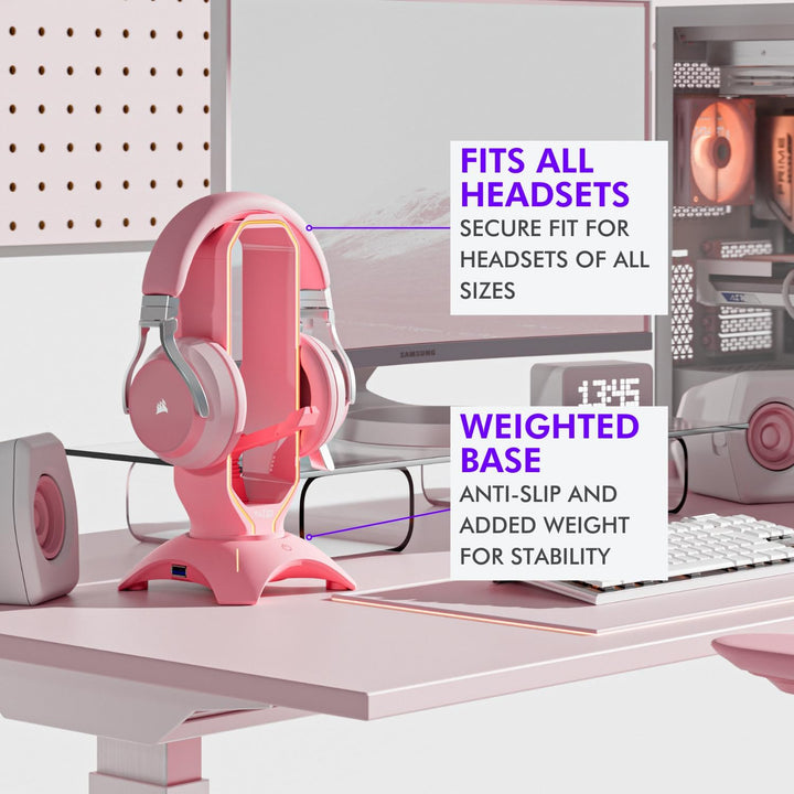 Tilted Nation RGB Gaming Headset Stand 3 in 1 rosa Kopfhörer Ständer mit Maus Bungee und 2 Port USB