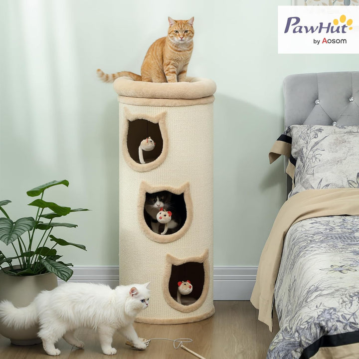 PawHut Kratztonne 96 cm Hoch Ø 38 cm dreistöckige Katzentonne mit Plüschrand, abnehmbarem und waschb