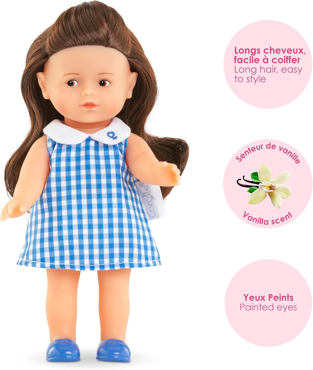 Les Trendies Mini Corolline Romy brünett, Vollvinylpuppe mit langem Haar und Karokleid in Geschenkbo