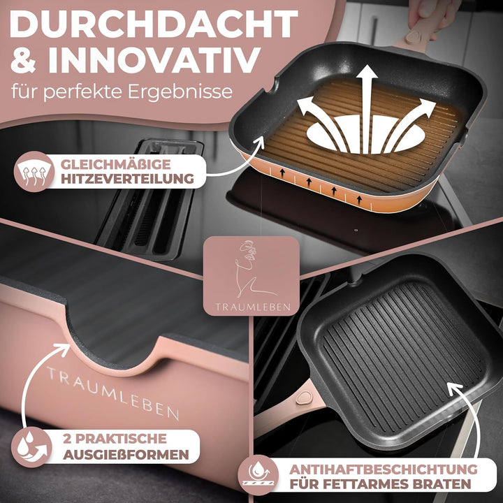 NEU Grillpfanne 28 cm mit Ausguss & abnehmbarem Griff, Antihaftbeschichtung, PFOA-frei, für Induktio