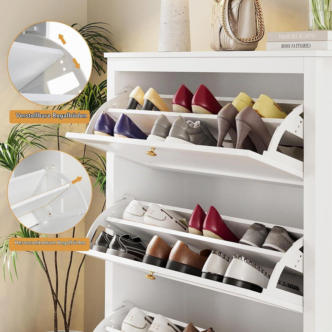 VOWNER Schuhschrank mit 3 Klappen, Schuhregal Schuhkipper Schmal, Schuhschrank Weiss, mit 6 Fächern,