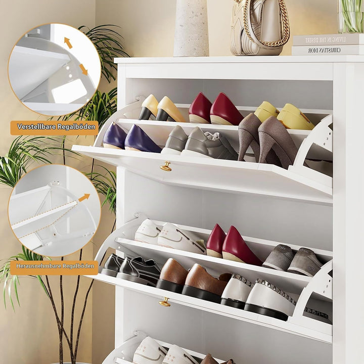 VOWNER Schuhschrank mit 3 Klappen, Schuhregal Schuhkipper Schmal, Schuhschrank Weiss, mit 6 Fächern,