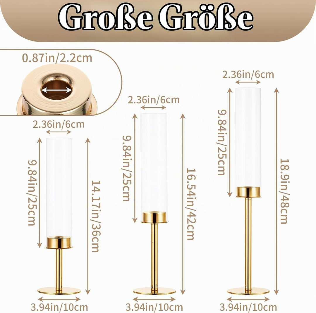 Sziqiqi 18 Stück Kerzenständer Stabkerzenhalter Gold mit Glas für Hochzeitstisch Deko - 48cm Modern