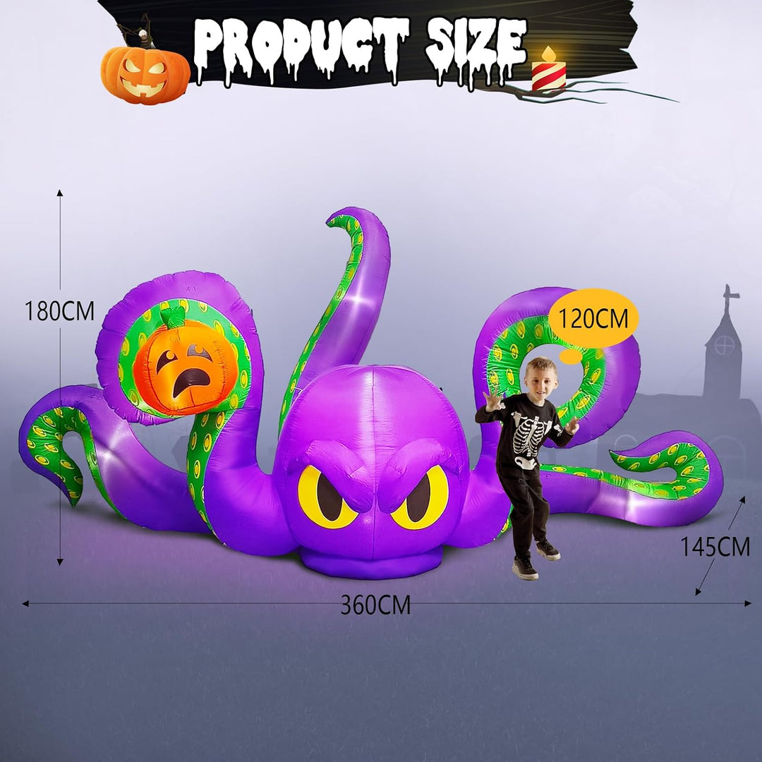 360CM Halloween Aufblasbarer Oktopus mit Kürbis Eingebaut 7 integrierten LED-Leuchten für Halloween