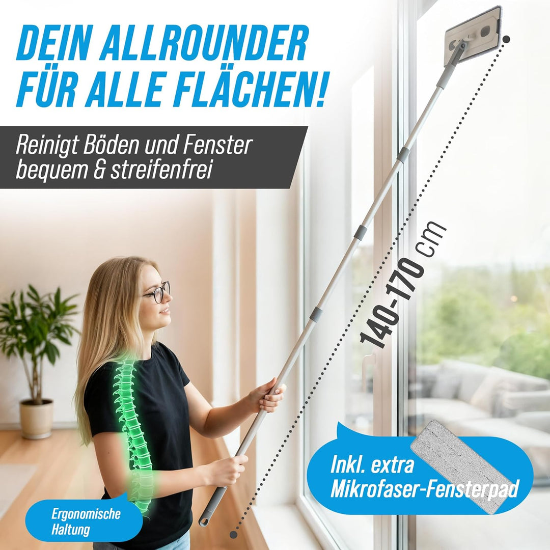XL Wischmopp Set mit Eimer, 2-Kammer-System [Trennbarer Putzeimer], Flacher Bodenwischer, 133–166 cm