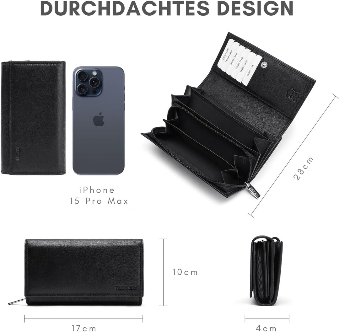 Frentree® Damen Geldbörse aus echtem Nappaleder, grosses Leder Portemonnaie mit RFID-Schutz, weiches