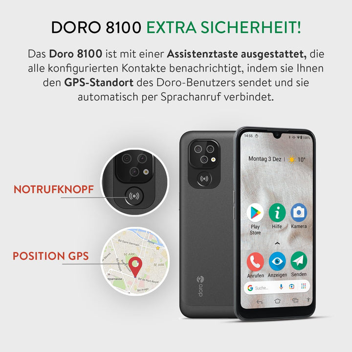 Doro - 8100 Plus - 4G-Smartphone für Senioren - Ohne Vertrag - 6.1'' Display - Notruftaste mit GPS -