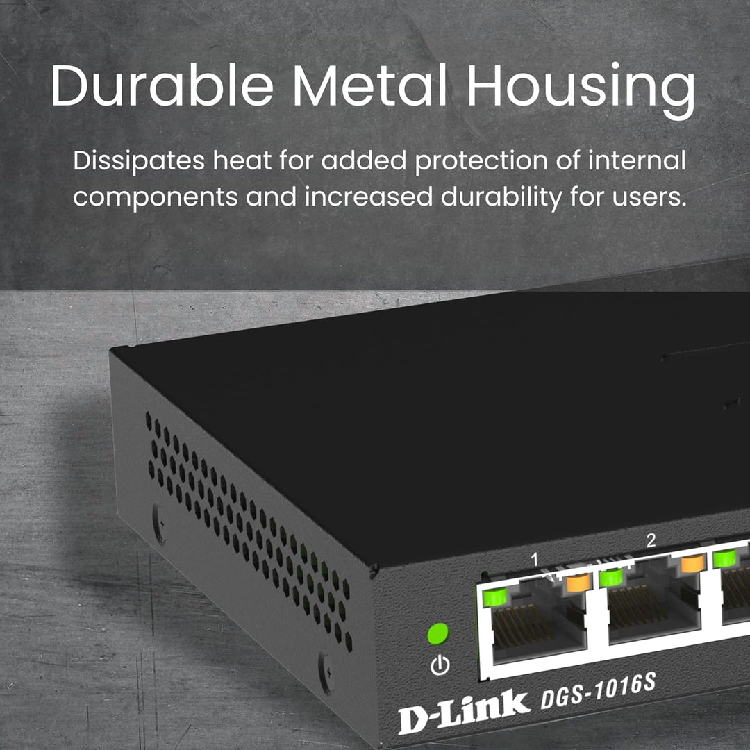 D-Link DGS-1016S 16-Port Unmanaged Gigabit Switch (ohne Lüfter, Low Profile Metallgehäuse, Desktop /
