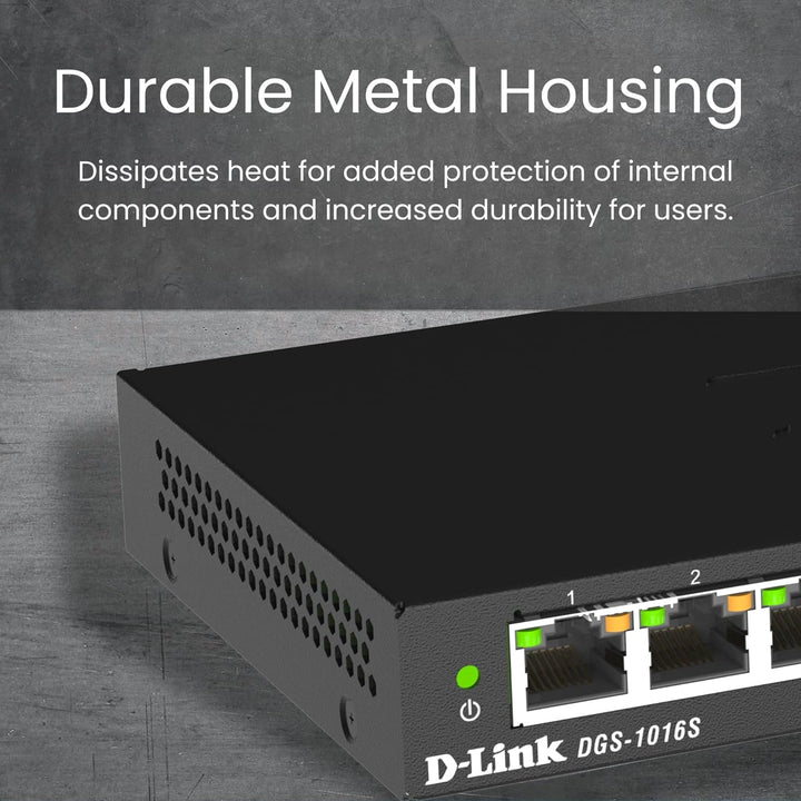 D-Link DGS-1016S 16-Port Unmanaged Gigabit Switch (ohne Lüfter, Low Profile Metallgehäuse, Desktop /