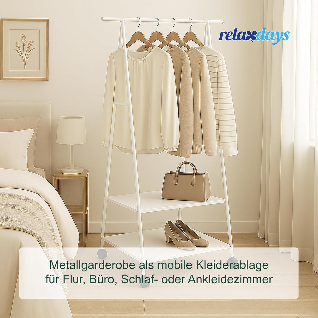 Relaxdays Kleiderständer, mit Rollen &amp; 2 Ablagen, HxBxT: 160 x 55 x 42 cm, Metall, Vlies, Garderoben