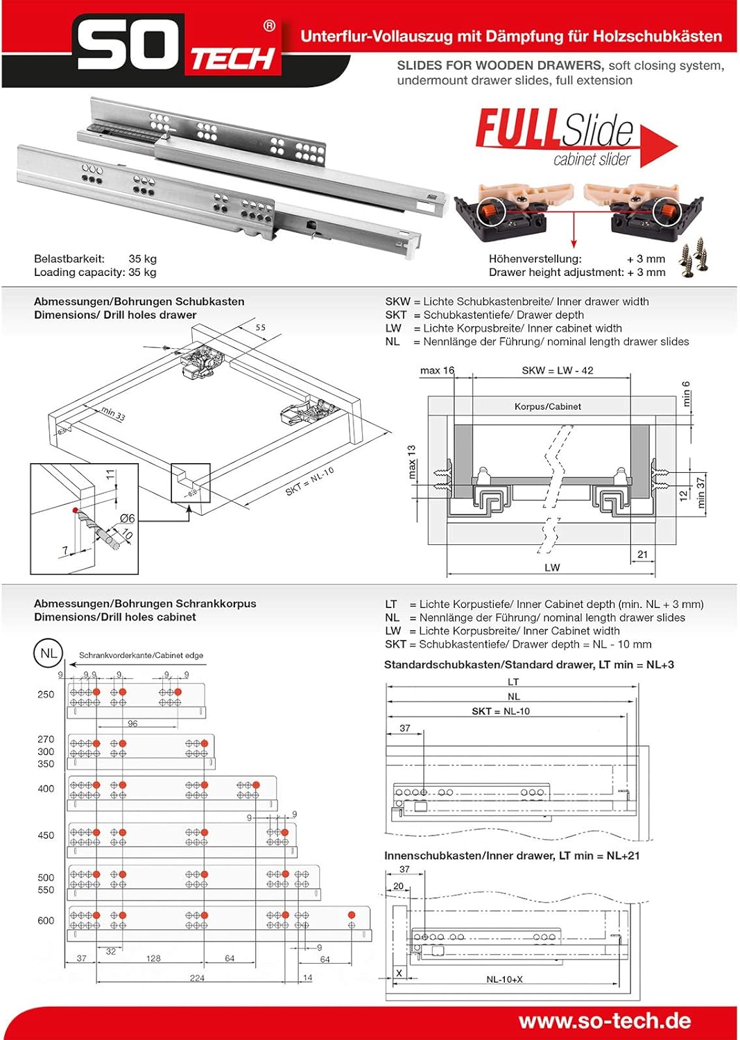 SOTECH 1 Paar FullSlide Vollauszüge UV2-35-K1D-L300-SC für Holzschublade 300 mm Schubladenschienen b