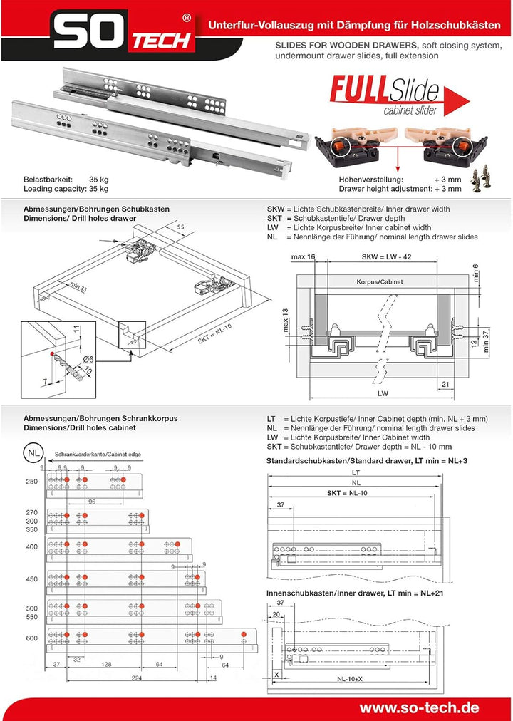 SOTECH 1 Paar FullSlide Vollauszüge UV2-35-K1D-L300-SC für Holzschublade 300 mm Schubladenschienen b