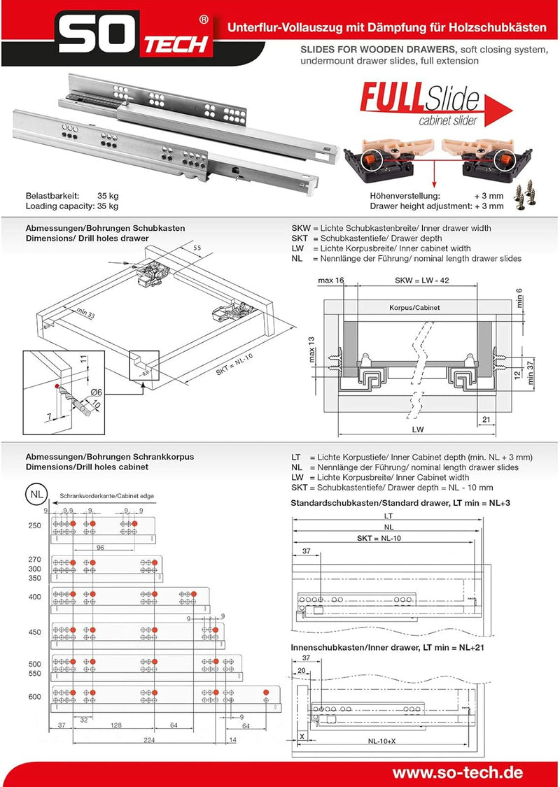 SOTECH 1 Paar FullSlide Vollauszüge UV2-35-K1D-L250-SC für Holzschublade 250 mm Schubladenauszüge be