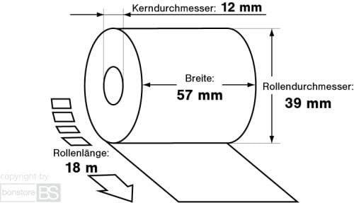 Additionsrolle für Tischrechner, Thermopapier, 12mm ø, 57mm breit, weiss