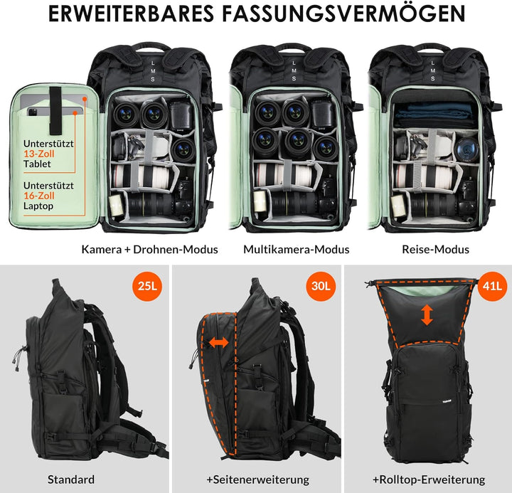 TARION Kamerarucksack Rolltop Wasserdicht Fotorucksack: 35L Professionelle Fotografie Kameratasche m