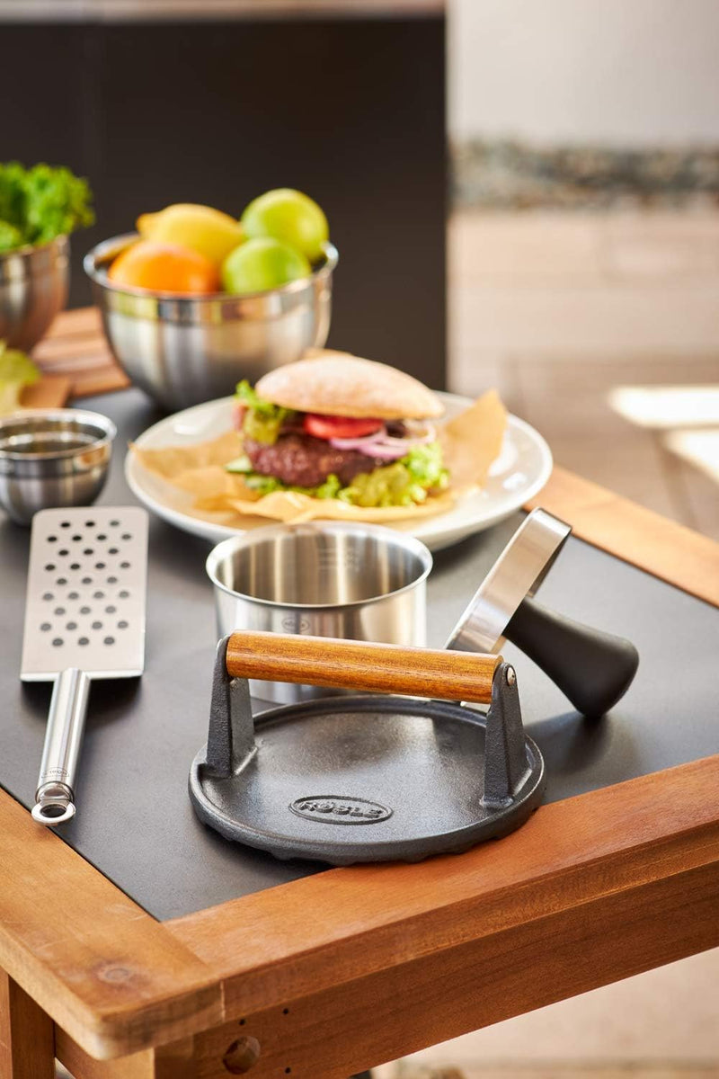 RÖSLE Barbecue Burger-Set 3-tlg, Hochwertiges Burger-Set mit Burgerpresse Pro, Barbecue-Gewicht und