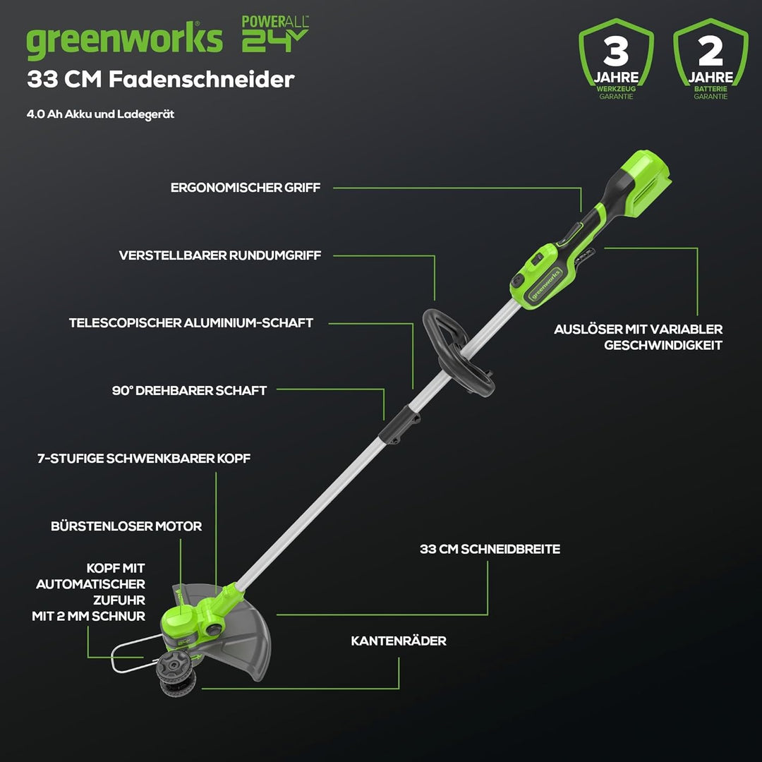 Greenworks GD24LT33K4 Akku Rasentrimmer & Kantenschneider mit Rad für mittelgrosse Gärten, 33cm Schn