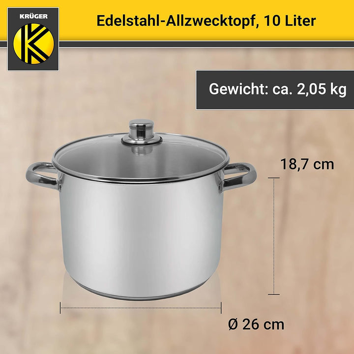Krüger Edelstahl-Allzwecktopf - Kochtopf mit Deckel zum Sichtkochen - energiesparender Kapselboden -