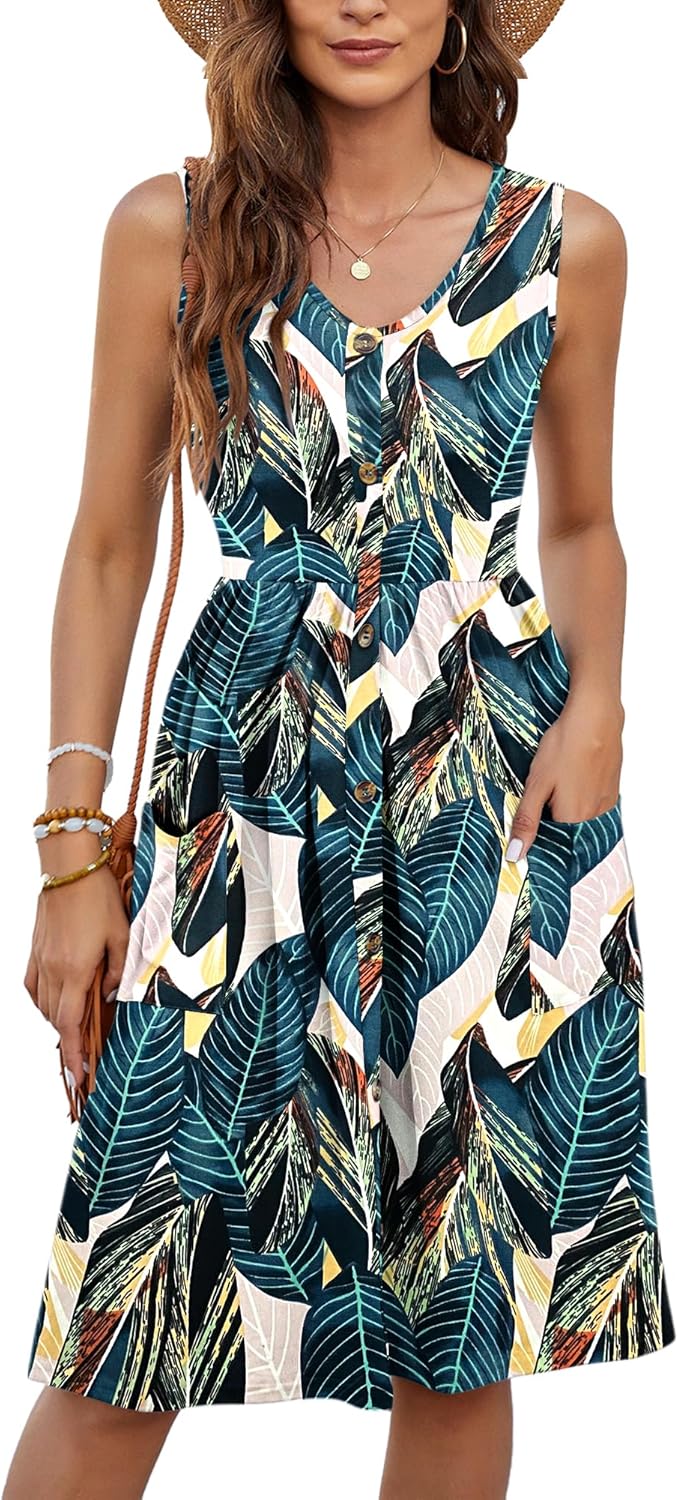 MOLERANI Damen Sommerkleider Ärmellos Lässig Locker Swing Button-Down Midikleid mit Taschen S Blattd