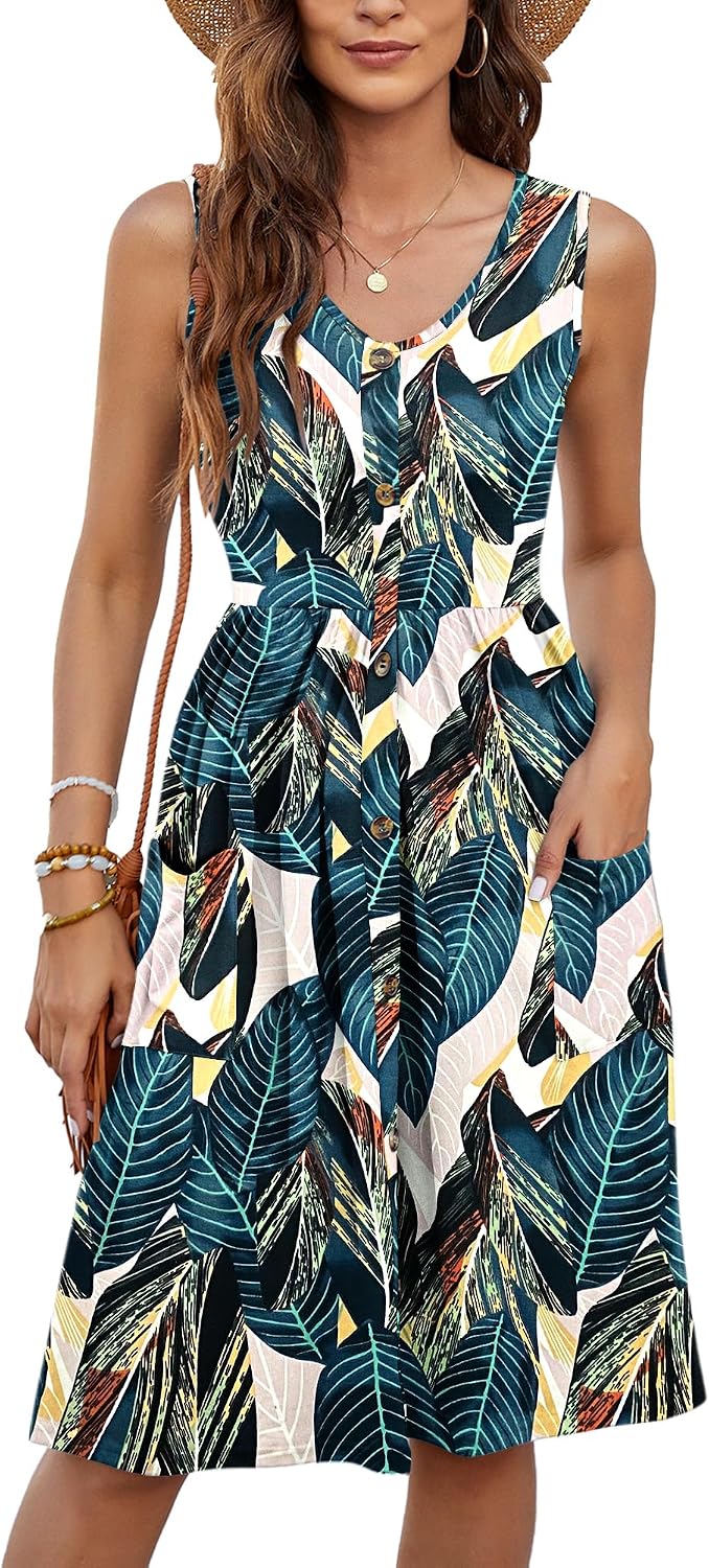 MOLERANI Damen Sommerkleider Ärmellos Lässig Locker Swing Button-Down Midikleid mit Taschen XL Blatt