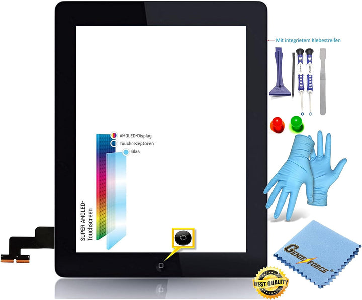 Genieforce Premium Retina Touchscreen Glas Digitizer SCHWARZ für iPad 2 Display, MFC Flexkabel, Home