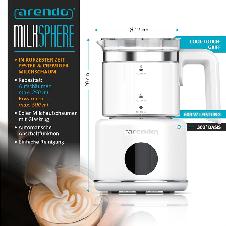 Arendo – Milchaufschäumer elektrisch – 600 Watt Heizelement – 500 ml – 6 Automatikprogramme – Milchs