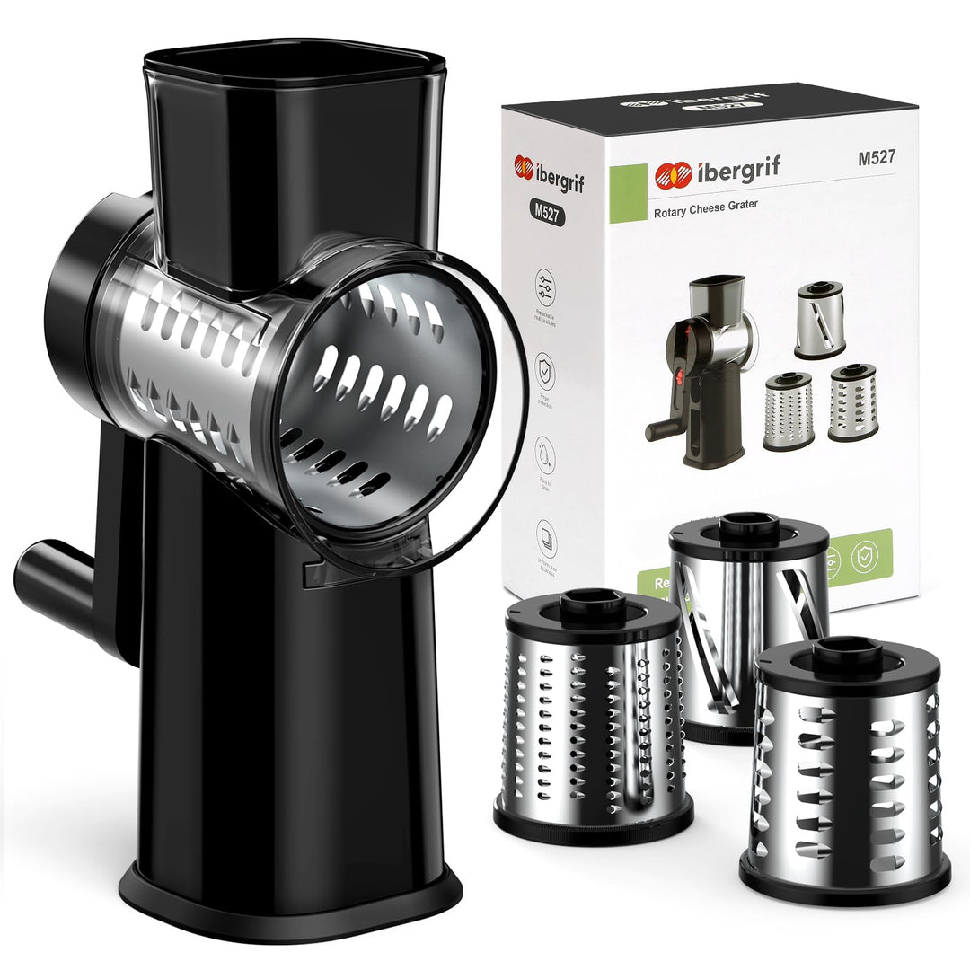 Ibergrif Manuelle Gemüsereibe mit Kurbel, Schwarze Premium Trommelreibe– 3 Klingen für Schneiden, Ra