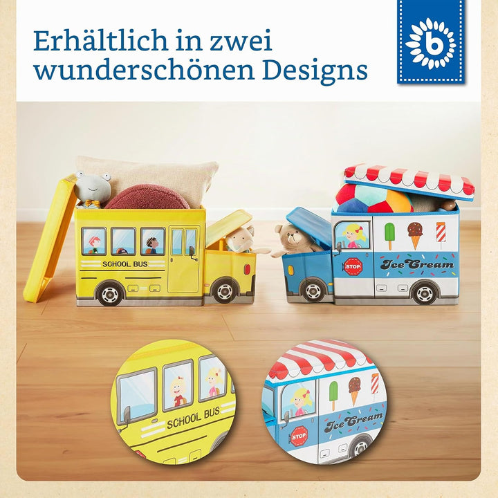 Bieco Aufbewahrungsbox mit Deckel Kinder Schulbus, faltbar, Sitzhocker mit Sitzgelegenheit, und Pols
