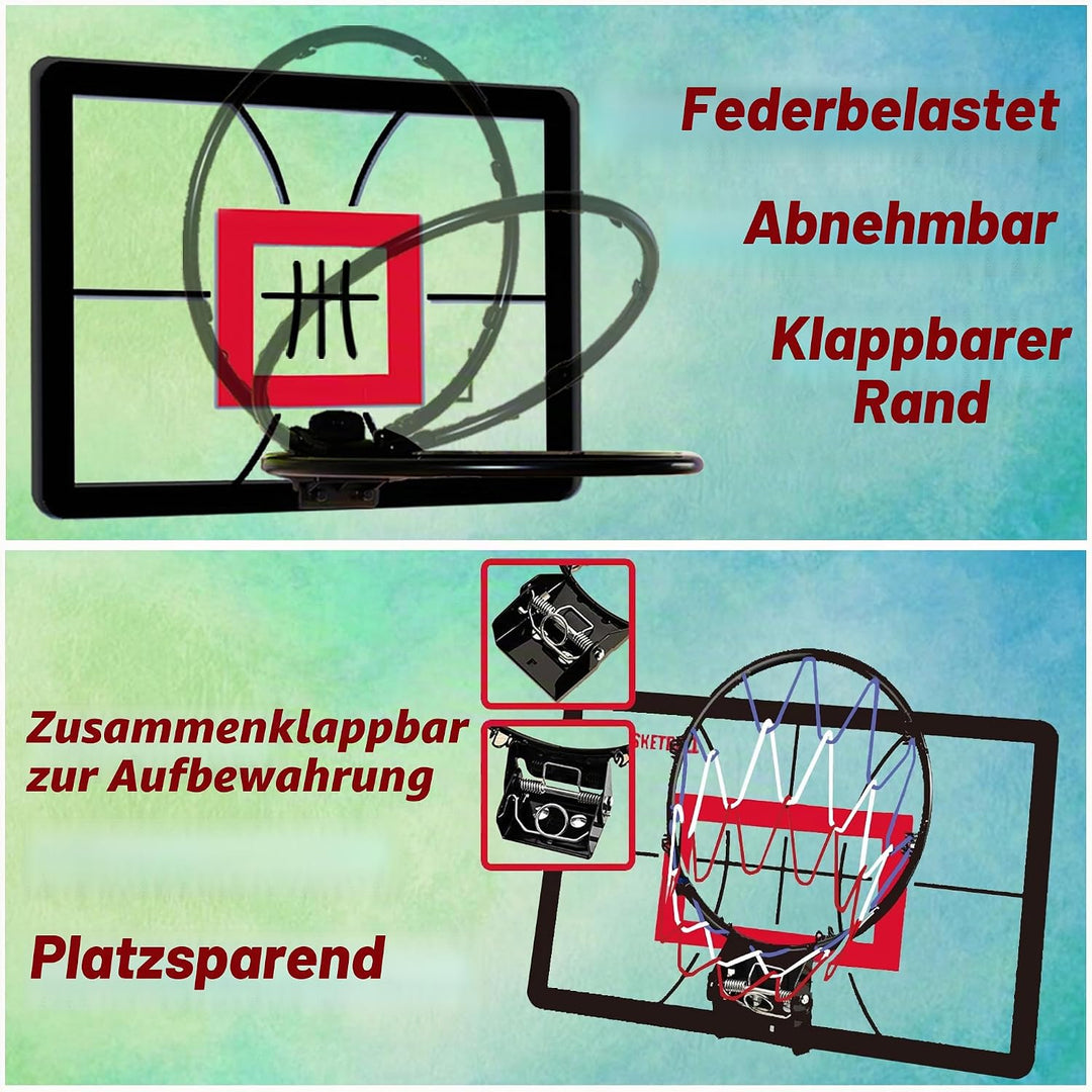 Mini-Basketballkorb für drinnen (45 x 30 cm) mit abklappbarem, federndem Ring, Geräuscharmen Ball, W