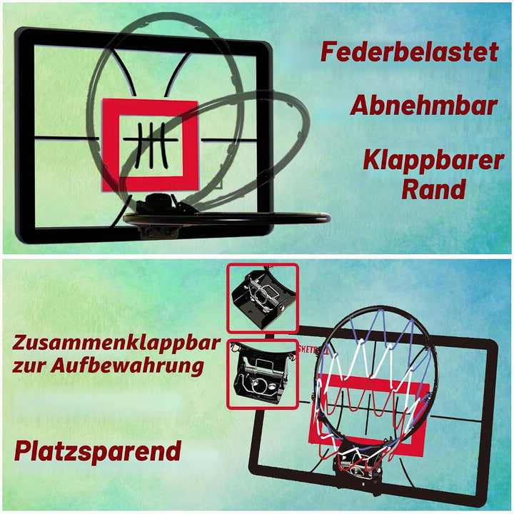 Mini-Basketballkorb für drinnen (45 x 30 cm) mit abklappbarem, federndem Ring, Geräuscharmen Ball, W
