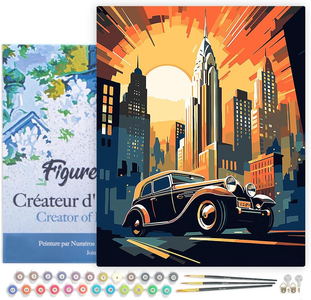 Figured'Art Malen Nach Zahlen Erwachsene Mit Rahmen Art-Deco-Auto in New York - Paint by Numbers Bas