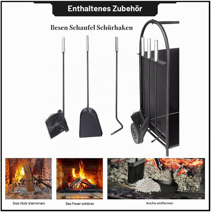 Brennholz Warenkorb mit Rädern, Brennholz Log Rack mit 3 Tools Kamin Log Carriers Inhaber schwarz Sc