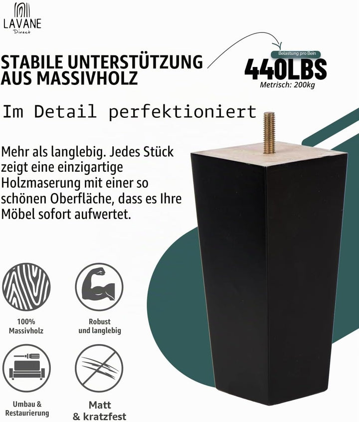 La Vane 4 Stück Möbelfüsse aus Massivholz - 15cm Höhe, Schwarz, Pyramidenform mit M8 Gewindebolzen &