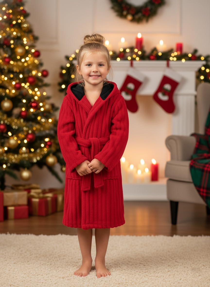 JiAmy Kapuzen Bademantel für Mädchen Flauschiger Fleece Plüsch Langer Schlafmantel Kinder Rot 13-14