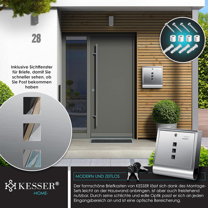 KESSER® Briefkasten Edelstahl mit Zeitungsfach Namensschild, Sichtfenster, gebürstet, 3X Schlüssel a