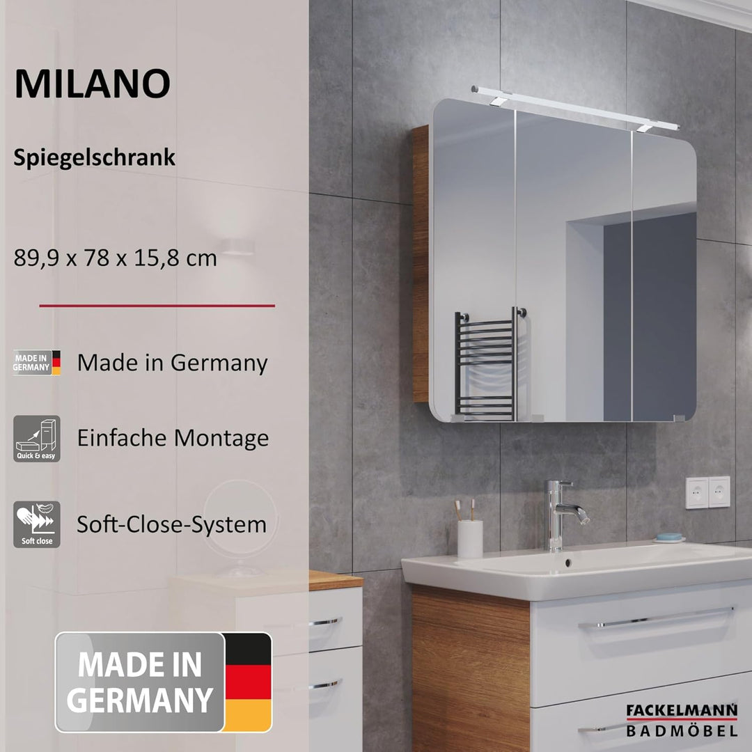 FACKELMANN Milano Spiegelschrank mit LED-Beleuchtung – Alibertschrank 3-türig fürs Badezimmer (90 cm