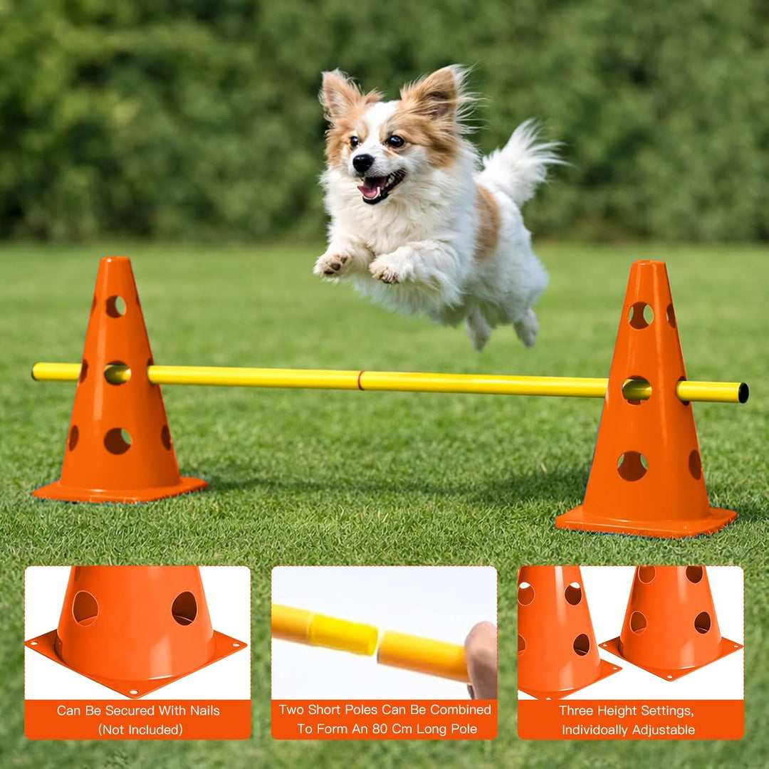 Steckhürdenset 10 Kegel + 5 Stangen, Höhenverstellbare Agility Hürden für Hundesport & Fussballtrain
