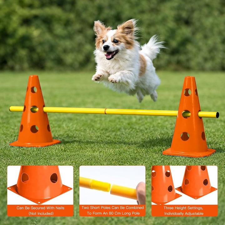 Steckhürdenset 10 Kegel + 5 Stangen, Höhenverstellbare Agility Hürden für Hundesport & Fussballtrain