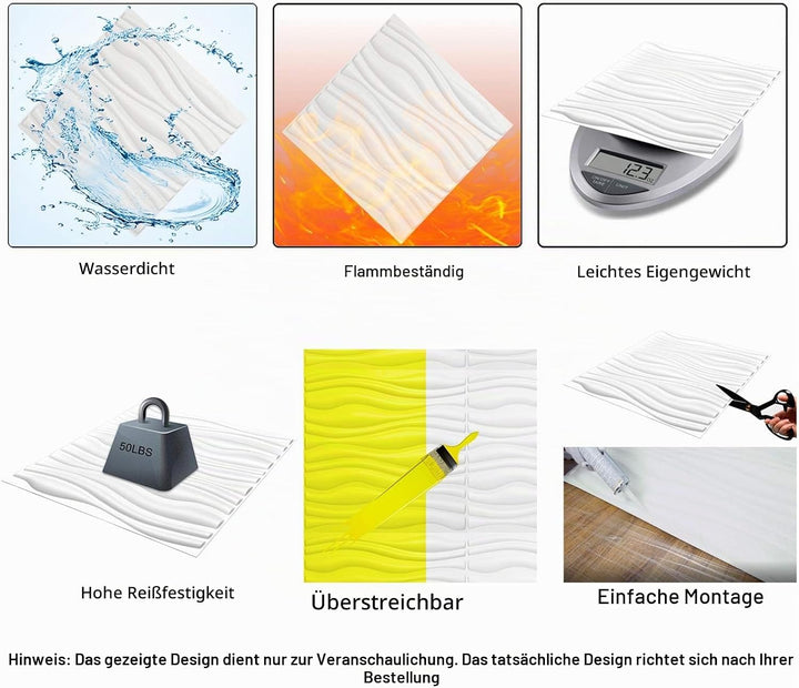 Art3d 3d Wandpaneele PVC Wave Board Strukturierte 3D-Wand Panels Weiss, 50x50cm (12er Pack)