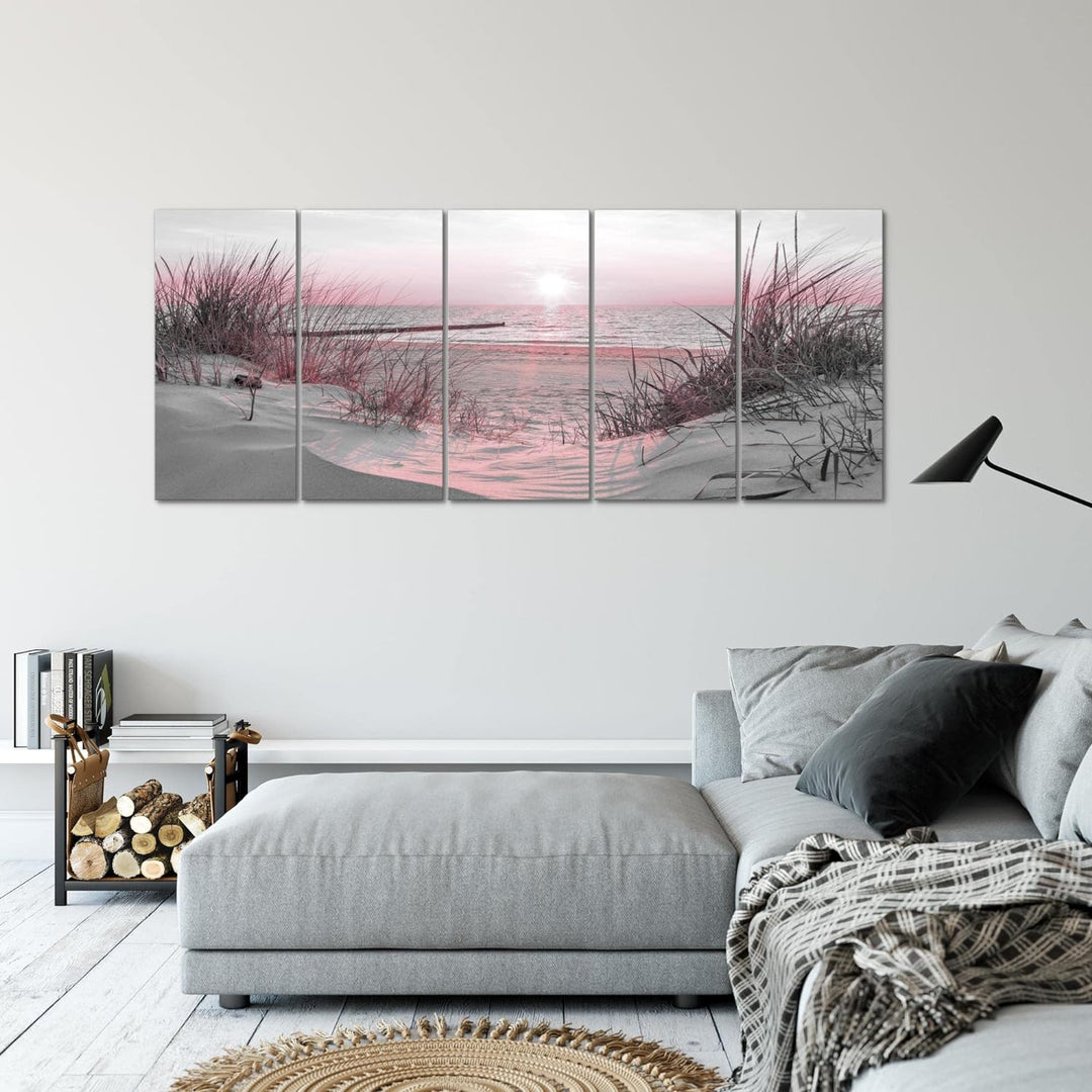 Runa Art Wandbild XXL Strand Sonnenuntergang Schlafzimmer Wohnzimmer 200 x 80 cm Rosa Grau 5 Teilig