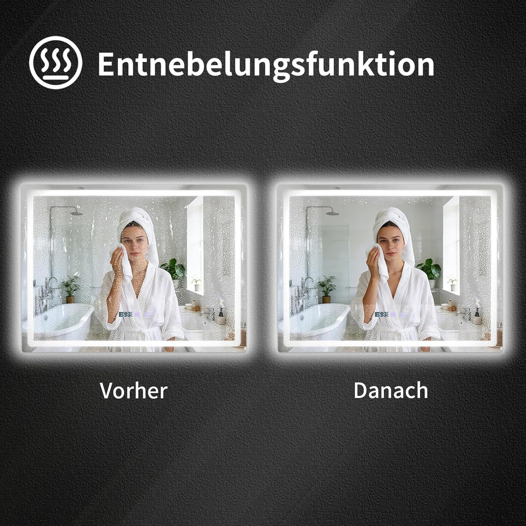Treeboy Badspiegel mit Beleuchtung 50x70cm - LED Badezimmerspiegel mit Uhr, Temperatur & Feuchtigkei